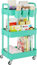 UDEAR 3-Tier Rolling Utility Cart,Multifunctional Storage Shelves with Handle and Lockable Wheels for Room,Office,Kitchen,Bathroom,with 3 Hanging Cups,Green by CozyNest Decor