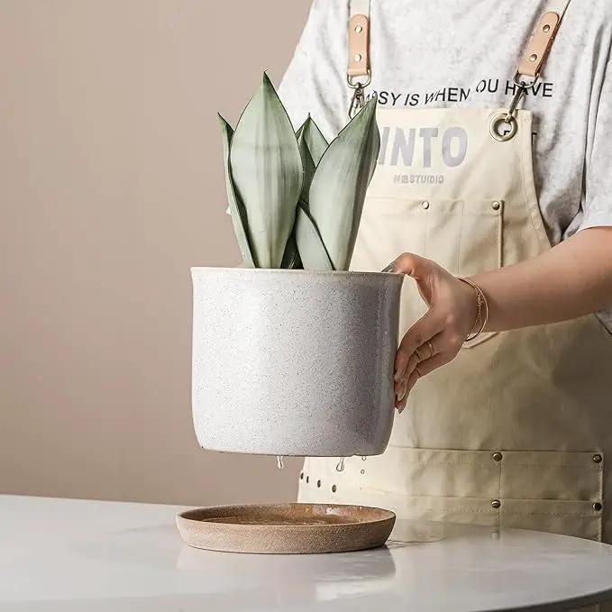 8 Inch Plant Pot: Ceramic Planter with Drainage Hole & Saucer - Cylinder Round Flowerpot for Indoor & Outdoor Plants - with Separate Tray for Home & Office - Retro Style, Grey, photo 4 of 6