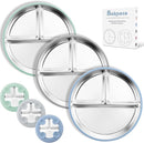 Stainless Steel Suction Plates for Toddlers, 9" Divided Kids Baby Plates with Removable Silicone Suction, Non Toxic Non Slip Portion Control Snack Dishes 3 Packs, Blue Gray Sage by TinyTreasures Baby Boutique