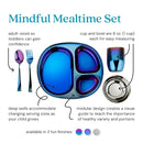 Ahimsa Stainless Steel Kids Dinnerware Set - 5 Piece Stainless Steel Toddler Plates and Bowls Set, Pediatrician Designed, Plastic Free Toddler Plate and Bowl, Kids Utensils and Cup (Blue) by TinyTreasures Baby Boutique