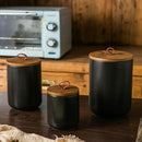 JOJUNO Black Ceramic Canister Set with Wooden Lid, 3-Piece Airtight Food Storage Jars for Kitchen Counter - Flour, Sugar, Coffee, Tea, Spice - Small, Medium, Large Sizes by CozyNest Decor