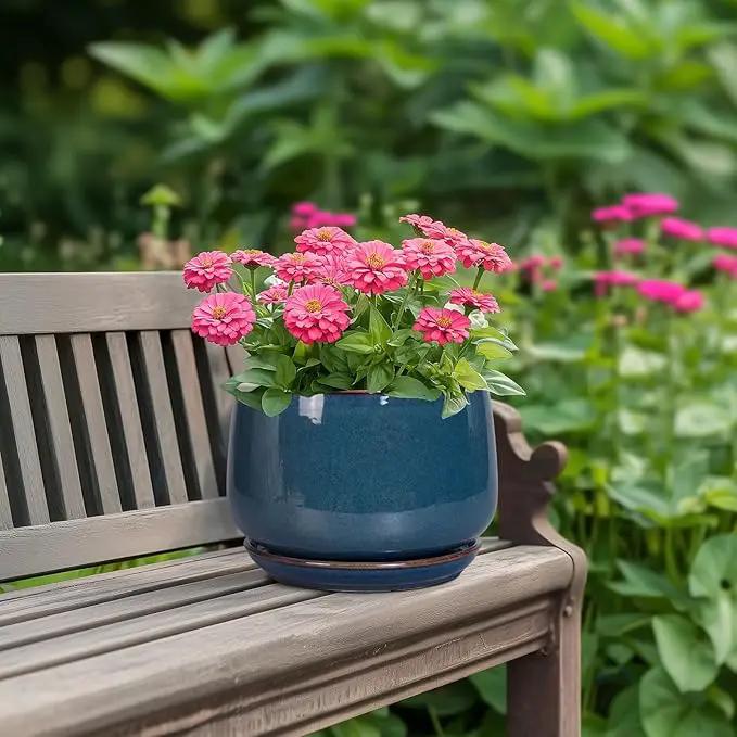 G EPGardening Ceramic Pot for Plants - Modern 7 Inch Round Planter with Drainage and Tray Indoor Outdoor for Flower, Porch Decor, Gardening Gifts, Retro Blue, photo 4 of 8