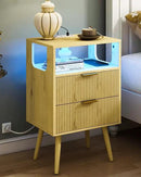 Nightstand with Charging Station and LED Lights,Modern Bedside Table with 2 Storage Drawer and Open Wood Shelf, for Bedroom and Small Spaces,Night Stand with Solid Wood Legs (Yellow Oak) by CozyNest Decor