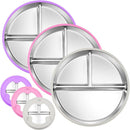 3-Pack Stainless Steel Baby Plates with Suction, BPA-Free Stainless Steel Kids Plates, 9" Divided Toddler Plate for Dishwasher Safe, Non-Slip Silicone Base, Detachable (Pink, Gray, Purple) by TinyTreasures Baby Boutique