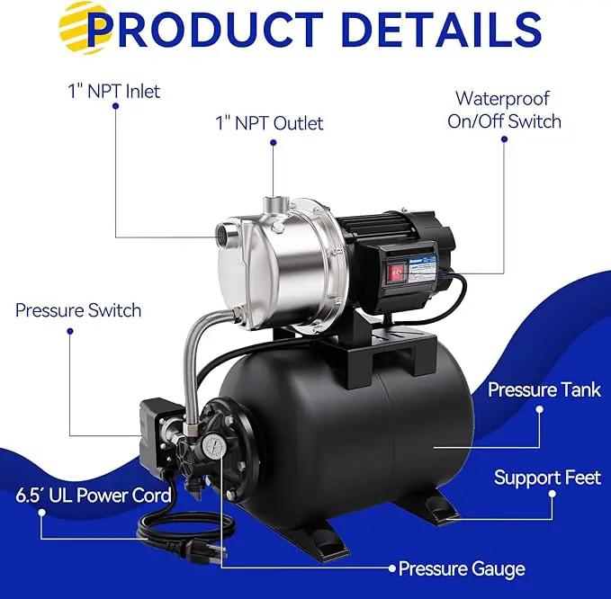 Acquaer 1.6 HP Shallow Well Pump with Pressure Tank, Stainless Steel, 1320 GPH 115V Irrigation, Automatic Water Booster Jet Pump for Home, Garden, Lawn, photo 4 of 6