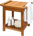 Teak Shower Bench-Solid Teak Wood Shower Chair with Towel Bars & Storage Shelf, Stable Non-Slip Bathroom Stool for Elderly & Recovery, Heavy Duty Shower Seat for Inside Shower & Tub Safety 17 inch by TinyTreasures Baby Boutique