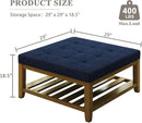 Large Square Ottoman Coffee Table, Linen Solid Upholstered Footrest Ottoman with Solid Wood Shelf Storage Tufted Coffee Table for Bedroom Living Room, Navy Blue by CozyNest Decor