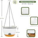 12 Inch Hanging Baskets 2 PC with Chains, Self-Watering Hanging Planters for Indoor Outdoor Plants, Plastic Hanging Flower Pots,White Brown by GreenHaven Gardens