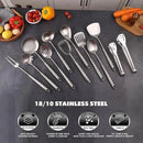 18/10 Stainless Steel Kitchen Utensils Set - 12 PCS All Metal Cooking Tools & 15″ Serving Utensils - Potato Masher, Meat Fork, Tongs, Turner, Pasta, Serving Spoon, Skimmer, Ladle, Spatula Spoon Set by CozyNest Decor