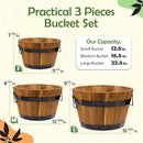 IDZO Set of 3 Wooden Flower Boxes Outdoor, Durable Acacia Wood Barrel Planters for Outdoor Plants with Ergonomic Handles, Drainage Holes, Multiple Sizes Wood Bucket Planter Light Brown by CozyNest Decor