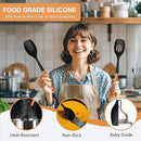 Large Silicone Cooking Spoon Set, 2 Pack Solid Slotted Spoon with Wooden Handle, Nonstick Silicone Kitchen Spoons for Cooking, Heat Resistan Spatula Set for Serving, Basting, Mixing (Black) by CozyNest Decor
