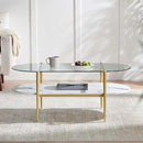 Oval Coffee Table, Mid-Century Modern Design, L41 x W21 x H17 inch, for Living Room, Clear Glass Top, White Marble Finish Wood Shelf & Gold Finish Frame by CozyNest Decor