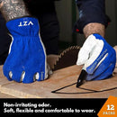12 Pairs Bulk Leather Work Gloves for Men or Women for Construction, Wood cutting, Driving, Gardening, Automotive Repair, Water Resistant, Soft, Cowhide, Class 4 Abrasion Resistant, Blue-White, M by GreenHaven Gardens