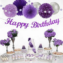 Purple Silver Birthday Party-Decorations Paper-Flowers - 14pcs Happy Banner Lavender Lanterns Tissue Pom Poms,Lilac Streamers Garland Fans,Women Girls Adult Kids Office Hanging Supplies Decor Hugfond by CozyNest Decor