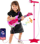 Guitar and Microphone Play Set for Girls,Karaoke Machine with Music&Light,Microphone Toys with Stand,Adjustable Height Guitar Toys for Kids,Toddlers,Child(Red) by TinyTreasures Baby Boutique