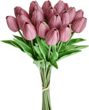 Mandy's Artificial Tulips 20 Stems Mauve PU Faux Flowers for Wedding Home Decor 13.5 Inch by CozyNest Decor