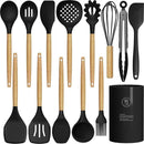 Silicone Cooking Utensils Set - 446°F Heat Resistant Silicone Kitchen Utensils for Cooking,Kitchen Utensil Spatula Set w Wooden Handles and Holder, BPA FREE Gadgets for Non-Stick Cookware (Black) by CozyNest Decor