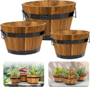 IDZO Set of 3 Wooden Flower Boxes Outdoor, Durable Acacia Wood Barrel Planters for Outdoor Plants with Ergonomic Handles, Drainage Holes, Multiple Sizes Wood Bucket Planter Light Brown by CozyNest Decor