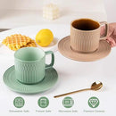 Large Cappuccino Cups with Saucers Set of 4, 8 Ounce Stackable Embossed Ceramic Coffee Mugs for Specialty Coffee Drinks, Latte, Cafe Mocha and Tea, Dishwasher & Microwave Safe (Mix) by CozyNest Decor