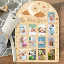 ORIGACH My First Year Baby Growth Photo Display Wood Board - 12 Months Newborn Milestones Photo Board - Neutral Baby Keepsake Frame 1st Birthday Party Nursery Decor New Mom Gift - Moon Star & Cloud by TinyTreasures Baby Boutique
