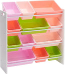 Amazon Basics Kids Toy Storage Organizer With 12 Plastic Bins, White Wood With Pink Bins, 10.9" D x 33.6" W x 31.1" H by CozyNest Decor