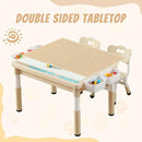 Multi Functional Kids Table and 2 Chairs Set, Graffiti & Building Blocks Double-Sided Tabletop, Toddler Play Table with Drawers, Large Storage Space, Gift for Boys/Girls, Burlywood