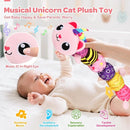 Baby Sensory Toys 0-6 6-12 Months, Musical Animal Stuffed Plush Unicorn Cat Toy for Infant 0-3-6 Months & Up, Tummy Time with Mirror Crinkle Rattle, Christmas Baby Shower Gifts for Newborn Boys Girls by TinyTreasures Baby Boutique