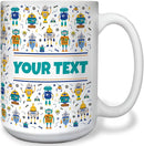 Personalized Mug for Kids - Robots - Custom Name/Text, Ceramic Hot Chocolate/Cocoa/Coffee Cup for Boys, Birthday/Christmas/Holiday Gift - 15 oz, White Handle by TinyTreasures Baby Boutique