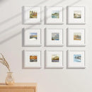 Vittanly 8x8 Picture Frames Set of 9, Shatter Resistant Plexiglass, Display 4x4 Pictures with Mat or 8x8 without Mat, Photo Frames for Wall Mount, Engineered Wood, White by CozyNest Decor