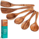 Wooden Spoons for Cooking 6 Piece - Natural Teak Wood Kitchen Utensils Set - Smooth Finish Soft Comfort-Grip Safe for Nonstick By HOWHONG by CozyNest Decor