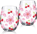 Sliner 2 Pack 17oz Cherry and Flower Stemless Wine Glasses Cherry Blossom Drinking Glasses Floral Tumbler Cups for Women Birthday Anniversary Gift Parties Supplies by CozyNest Decor
