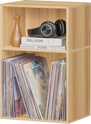 LEYAOYAO 2 Cube Bookshelf,Natural Record Player Stand Holds up to 100 Albums, Mini Wood Book Shelf Storage Organizer,Turntable Stand with Vinyl Storage Cabinet, Narrow Open Bookcase for Small Spaces by CozyNest Decor