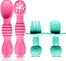 4pc Silicone Baby Spoons Self Feeding Baby Utensils 6-12 Months - 3 Baby Spoon - 1 Baby Fork - Toddler Cutlery Set - BPA Free, Dishwasher Safe - Baby Eating Essentials (Pink/Blue) by TinyTreasures Baby Boutique