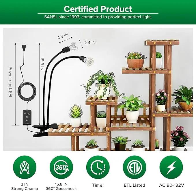 SANSI LED Grow Lights for Indoor Plants, Lifetime Free Bulb Replacement, 300W Full Spectrum Dual Gooseneck Clip Plant Grow Light, Plant Light with Timer 4/8/12 Hrs, High PPFD Growing Power Grow Lamp, photo 6 of 9