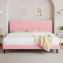 King Size Bed Frame with Headboard, Velvet Upholstered Platform Bed with Vertical Channel Tufted Design, No Box Spring Required, Easy Assembly, Pink by CozyNest Decor