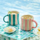Striped Ceramic Coffee Mugs Set - 2 Pack, Pink & Green，Perfect for Morning Brew or Tea and Cocoa - for Coffee Lovers by CozyNest Decor