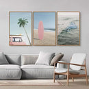 Tinonedraw Large Ocean Beach Framed Canvas Wall Art, Summer Coastal Surfboard Wall Decor, Palm Tree Pink Car Artwork, Modern Surfing Seascape Art Prints for Living Room Bedroom Office 16"x24"x3 by CozyNest Decor