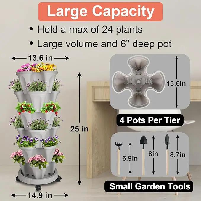 Vertical Planter 6 Tier Stackable Planters Garden Planters Strawberry Herb Flower and Vegetable Planter Indoor Outdoor Gardening Pots with Removable Wheels and Tools 2-Pack, photo 4 of 8