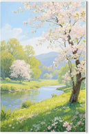 The scenery of a stream between trees and cherry blossoms under the blue sky is suitable for posting in the living room bedroom office landscape posters by CozyNest Decor