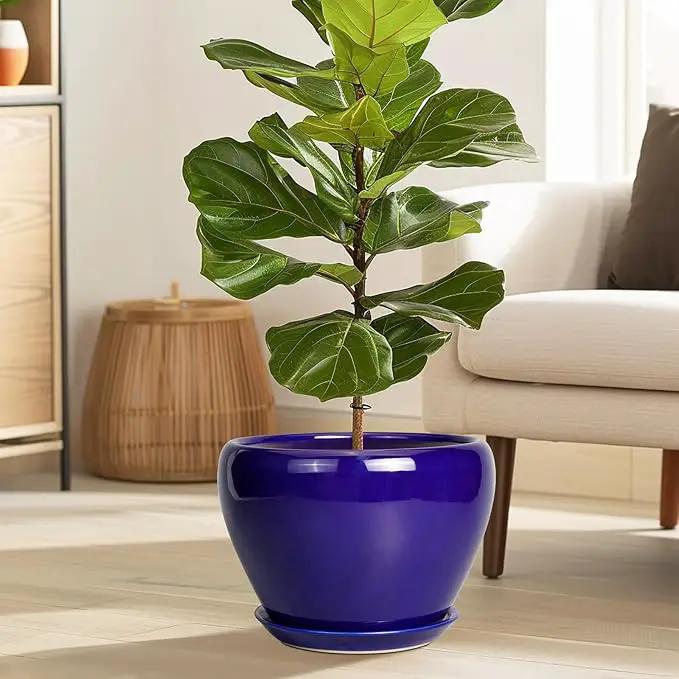 Ceramic Planter 10 Inch - Indoor Plant Pot for Plants with Drainage Hole and Saucer Large Planter Round Outdoor Flower Pot Mid-Century for House Patio Decor Blue, photo 2 of 7