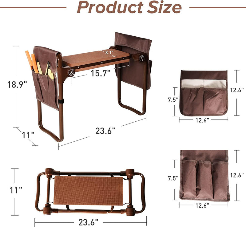 Widen Garden Kneeler Seat Bench Folding Garden Workseat with EVA Foam Pad and Dual Pouch, Brown