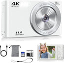 Digital Camera, 44MP 4K Auto Focus Point and Shoot Kids Video Camera with 64GB SD Card 2 Batteries 16X Digital Zoom Compact Portable Small Camera Gifts for Teens Kids Boys Girls(White) by TinyTreasures Baby Boutique