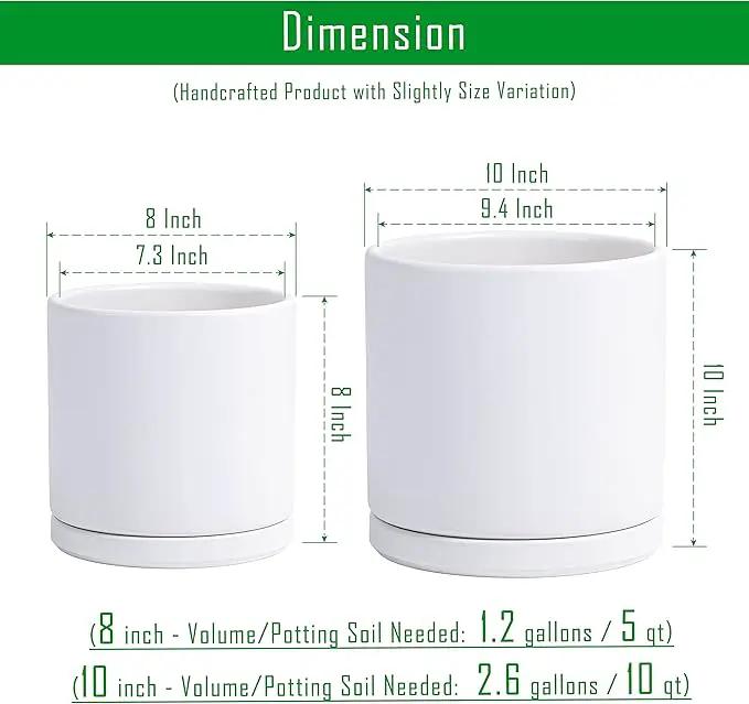 D'vine Dev 8 Inch & 10 Inch Ceramic Planter Pot for Plants with Drainage Hole and Saucer, Large Plant Pots Set, White, 94-G-L-1, photo 3 of 7