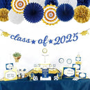 Navy-Blue Gold-White Party-Decoration Graduation Banner - 14pcs Kits Cap Garland Streamers, Royal Paper Tissue Pom Poms Flowers Fans Honeycomb,Class Of 2025 College High School Grad Decor Hugfond by CozyNest Decor