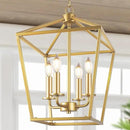 Farmhouse Chandelier 4-Light, Gold Pendant Light Fixture for Kitchen Island Dining Room, Lantern Industrial Lighting Ceiling Hanging with Metal Cage Adjustable Height for Entryway Foyer by CozyNest Decor