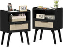 Lerliuo Rattan Nightstands Set of 2, Bedside Table with Drawer Open Shelf, Cane Accent Side End Table with Solid Wood Legs, Black Mid Century Night Stand for Bedroom, Dorm and Small Spaces by CozyNest Decor