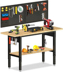 Adjustable Height Workbench, Heavy Duty Table Rubber Wood Workstation with Power Outlet & Pegboard for Garage, Office, Workshop, Home,Commercial (60"×22"|Shelf) by GreenHaven Gardens