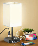 Bedside Table Lamp with Touch Control & USB C+A Charging Ports LED Desk Lamp with 2 AC Outlets, Minimalist Nightstand Light with Black Fabric Shade for Bedroom, Living Room, Office, White by CozyNest Decor
