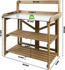 Folding Garden Potting Bench Table，Outdoor Wooden Work Station W/Metal Table Top,2 Tier Open Storage Rack,Top Shelf-Natural Stained by GreenHaven Gardens