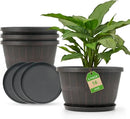 Quarut 16 Inch Brown Classic Plastic Whiskey Barrel Planters Set of 4 with Drainage Holes & Trays for Indoor & Outdoor Use by CozyNest Decor